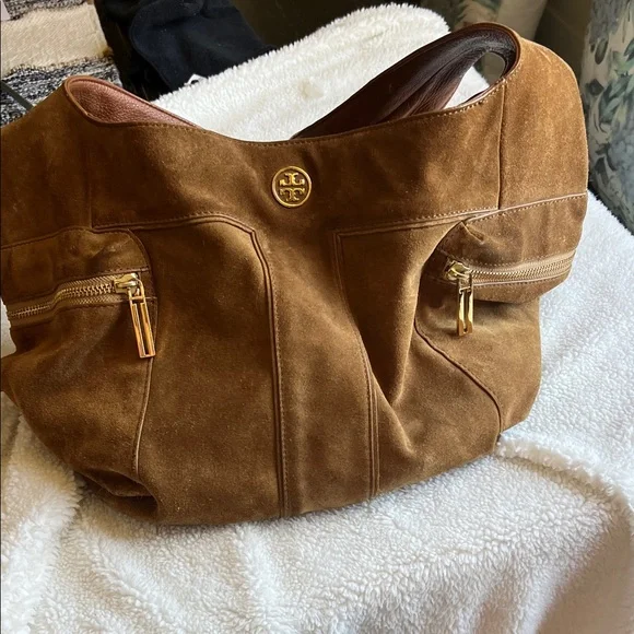 Tory Burch Tan Suede Hobo Bag with Gold Accents - Picture 14 of 15